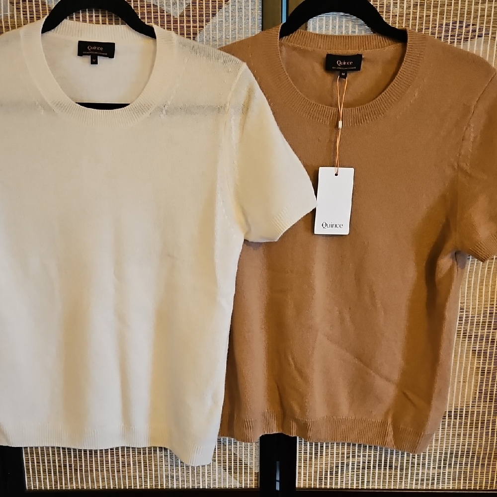 Quince Cream and Brown Short Sleeve Sweaters